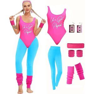 Womens 80s Workout Costume Set Neon Leggings Headband Wristbands Fit All